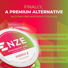 NZE Caffeine Nootropic Pouches Strawberry Kiwi pack shows convenient energy for busy days