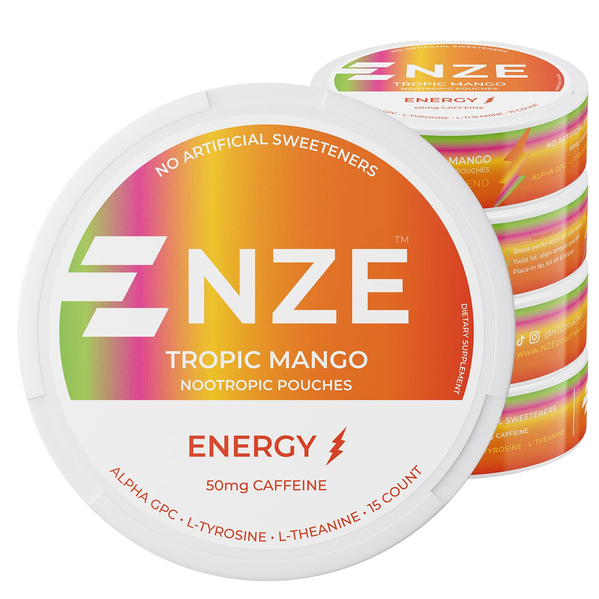 NZE Caffeine Nootropic Pouches Tropic Mango can front for quick energy