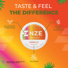 NZE Caffeine Nootropic Pouches Tropic Mango can on desk for daily energy routine