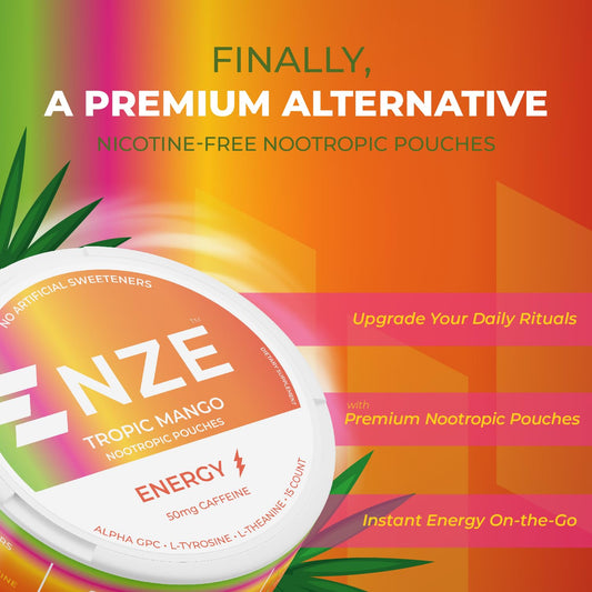 NZE Caffeine Nootropic Pouches Tropic Mango hand-hold detail for portability
