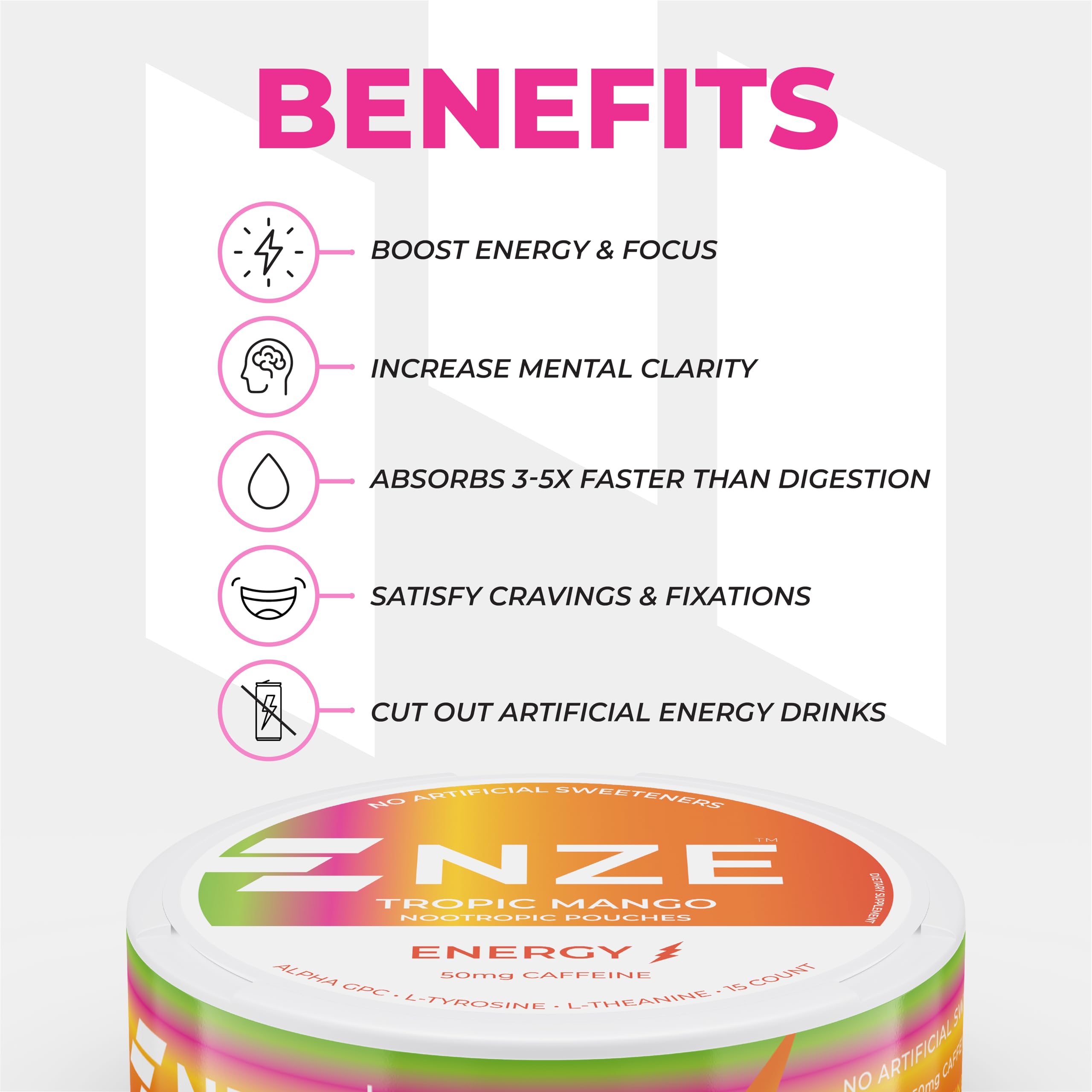 NZE Caffeine Nootropic Pouches Tropic Mango label detail emphasizes ingredients