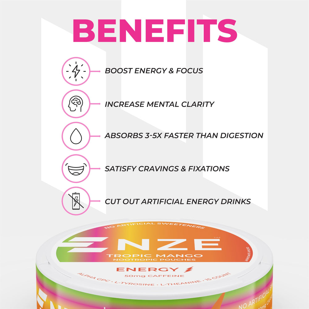 NZE Caffeine Nootropic Pouches Tropic Mango label detail emphasizes ingredients