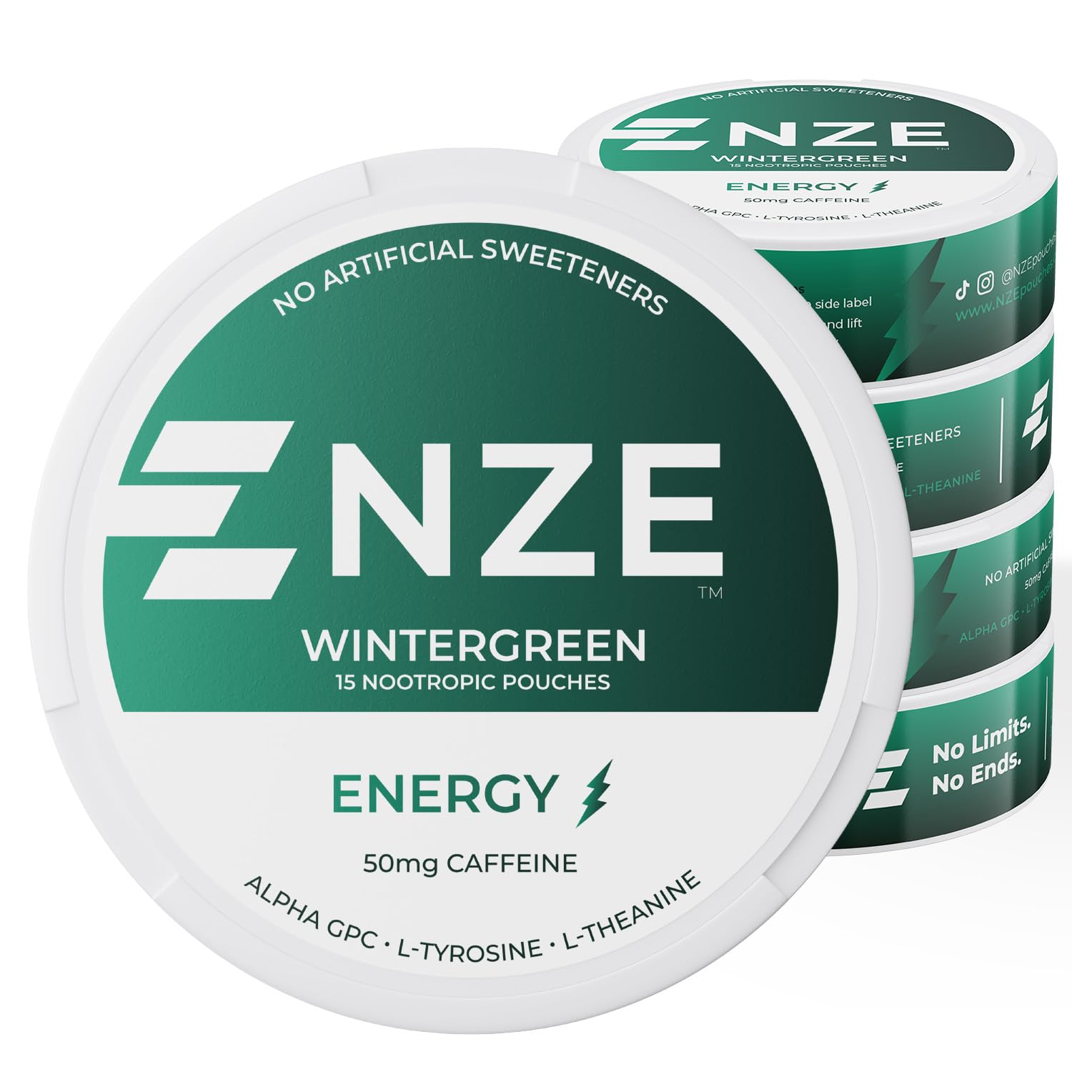 NZE Caffeine Nootropic Pouches Wintergreen can for clean energy on the go