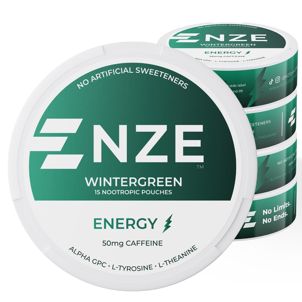NZE Caffeine Nootropic Pouches Wintergreen can for clean energy on the go