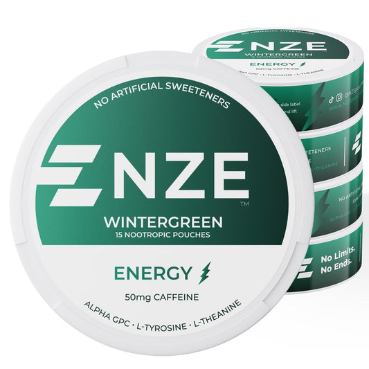 NZE Caffeine Nootropic Pouches Wintergreen can for clean energy on the go