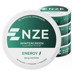 NZE Caffeine Nootropic Pouches Wintergreen can for clean energy on the go