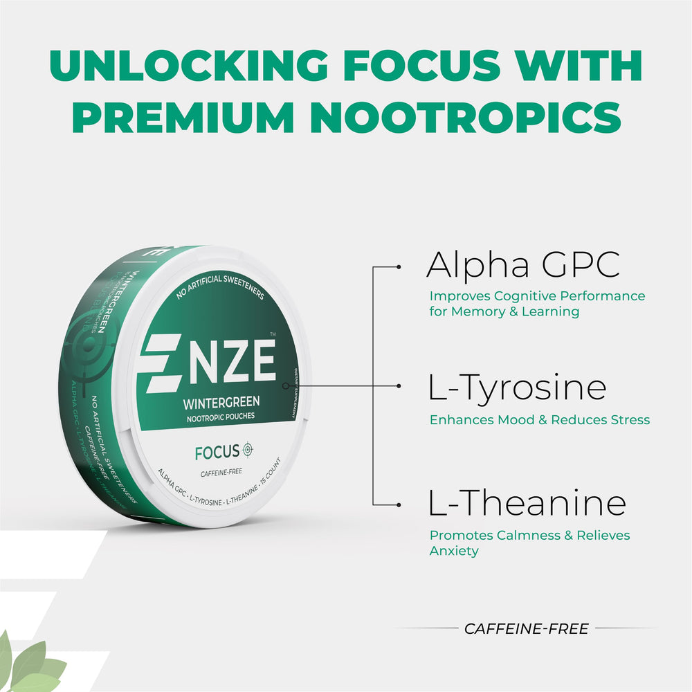 NZE can with Wintergreen pouches, 15 per can for on-the-go focus