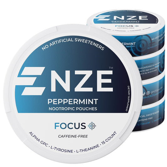 NZE Focus peppermint bottle displaying caffeine-free pouches for focused moments