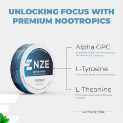 NZE Focus at desk during work session with minty, sugar-free pouches