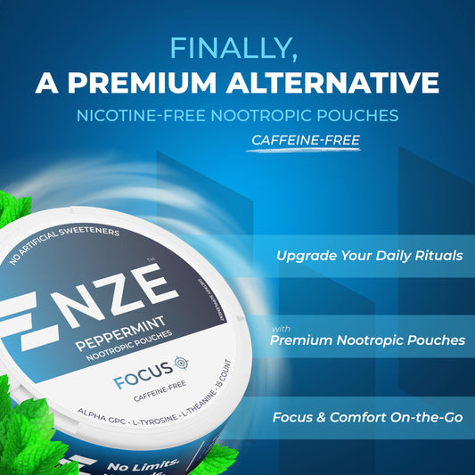 NZE Focus opened can releasing peppermint aroma and quick pouch delivery