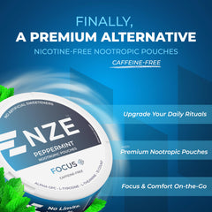 NZE Focus opened can releasing peppermint aroma and quick pouch delivery