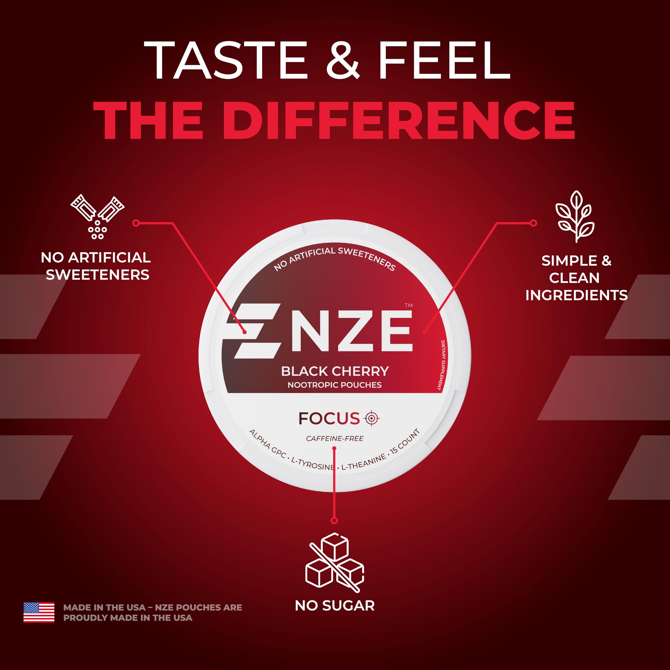 NZE label highlights 50mg L-Theanine, Alpha GPC and L-Tyrosine.