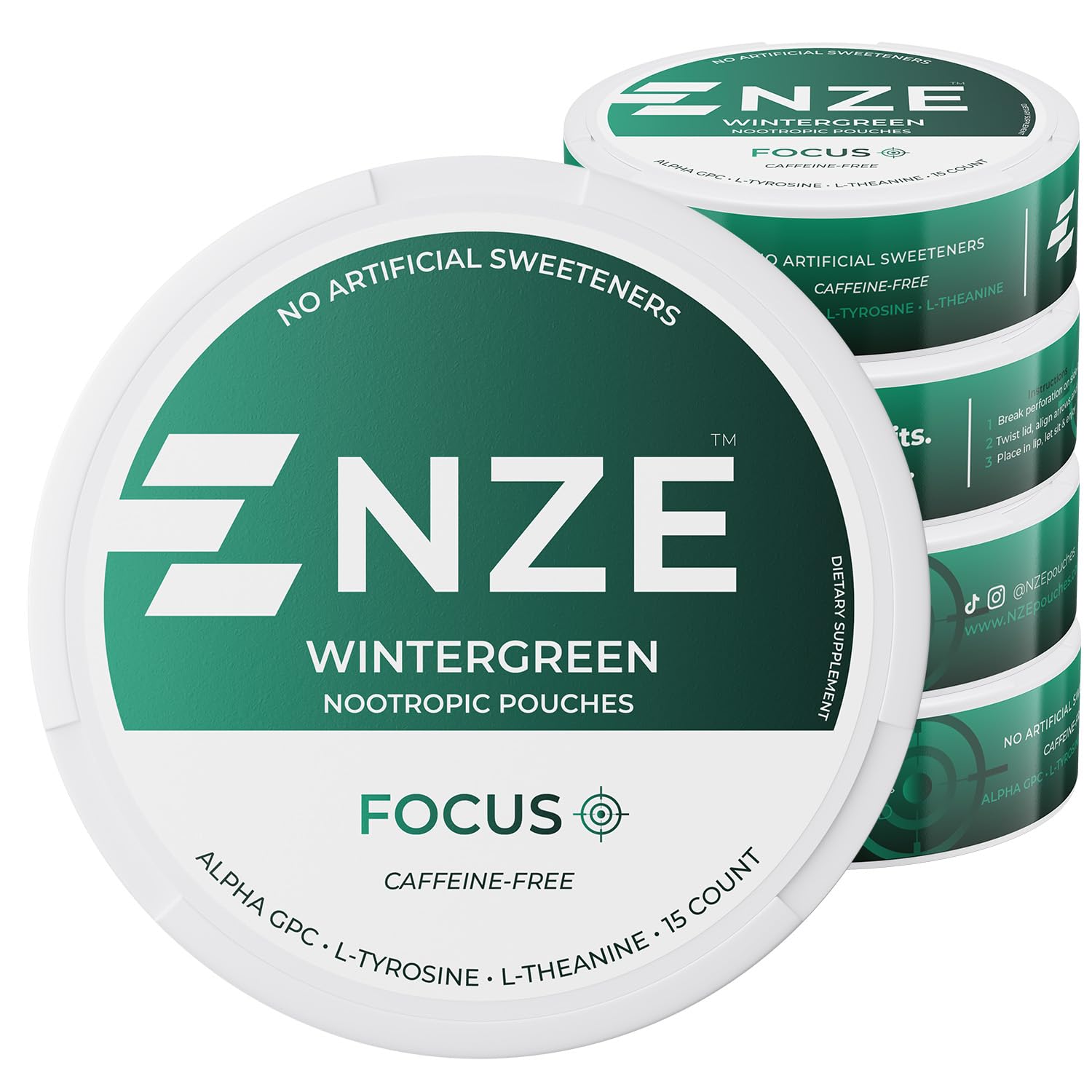 NZE Wintergreen pouch pack front showing convenient caffeine-free focus on the go
