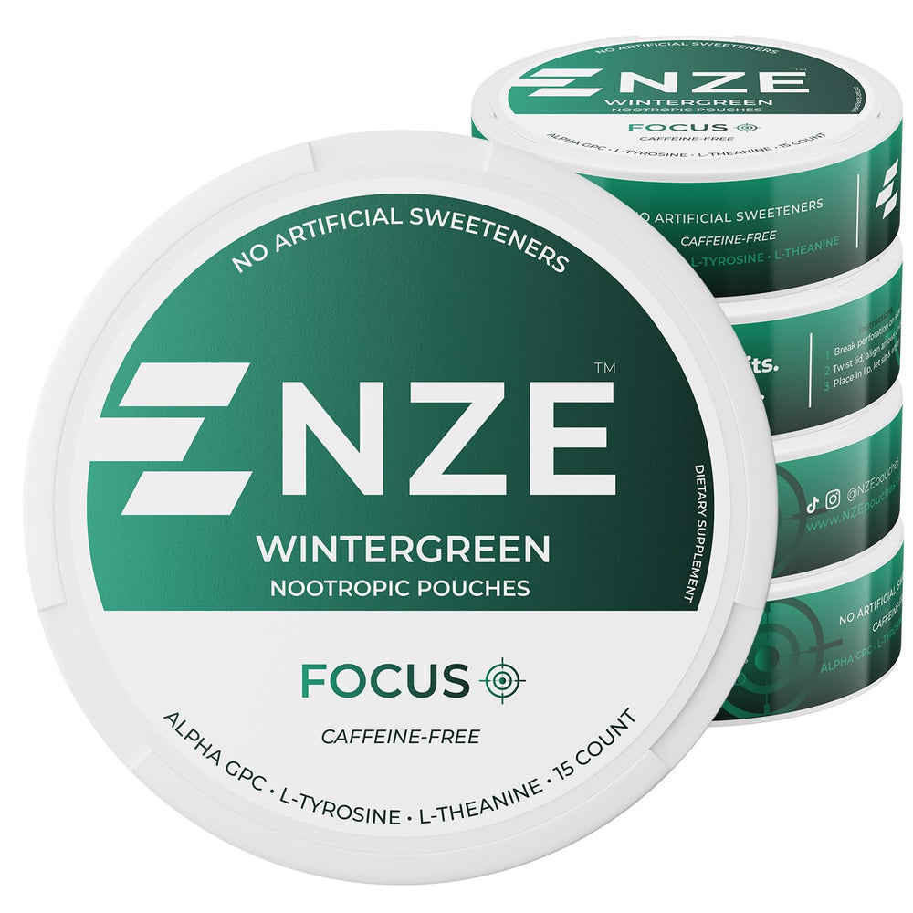 NZE Wintergreen pouch pack front showing convenient caffeine-free focus on the go