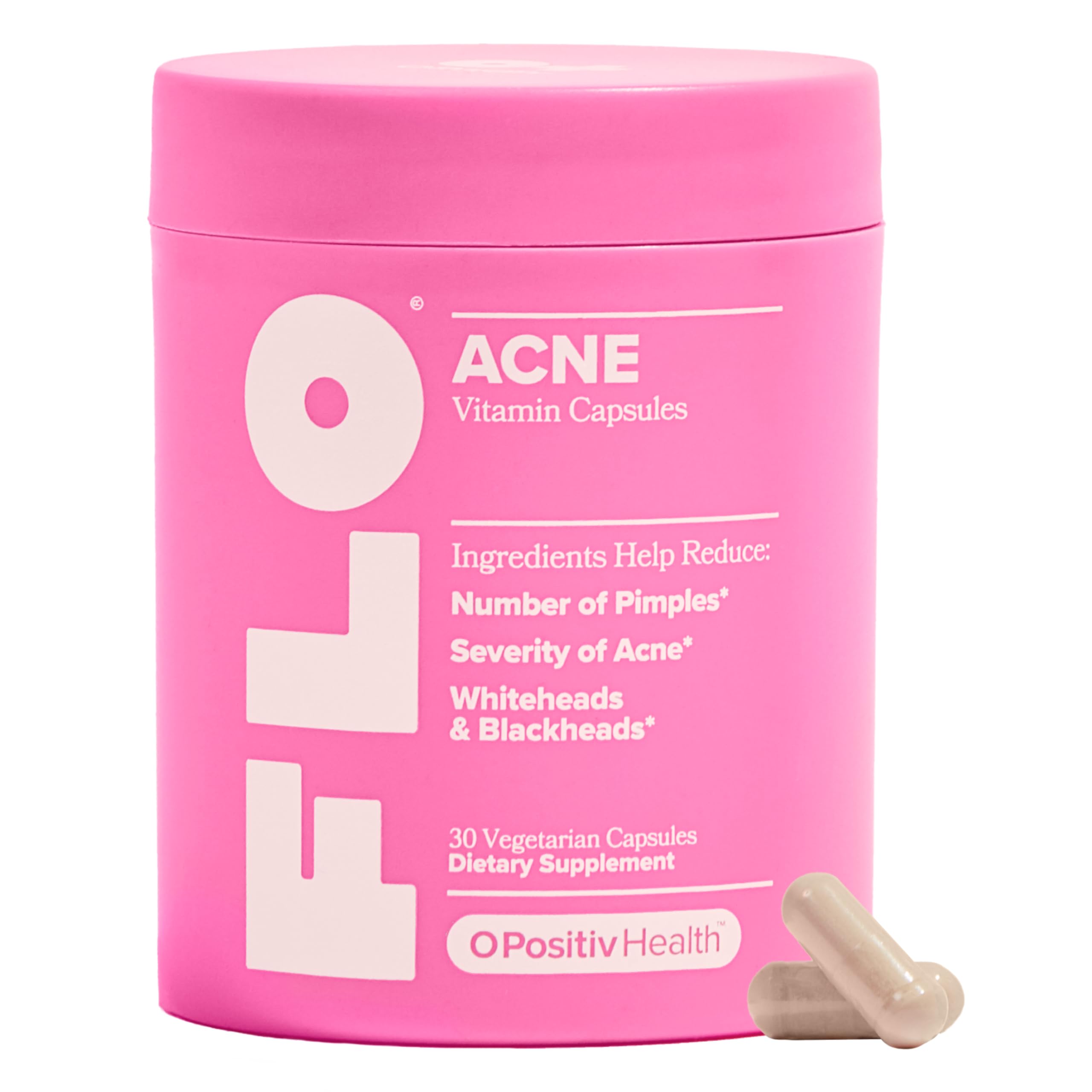 O Positiv FLO Acne capsules bottle for convenient daily skincare support toward clearer-looking skin