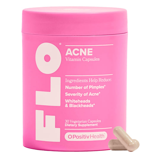 O Positiv FLO Acne capsules bottle for convenient daily skincare support toward clearer-looking skin