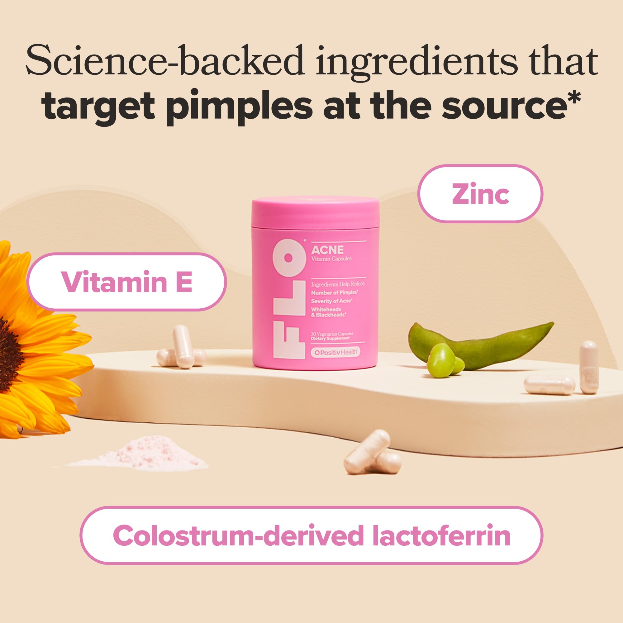 Close-up of O Positiv FLO Acne capsule for a simple daily step toward clearer, balanced skin