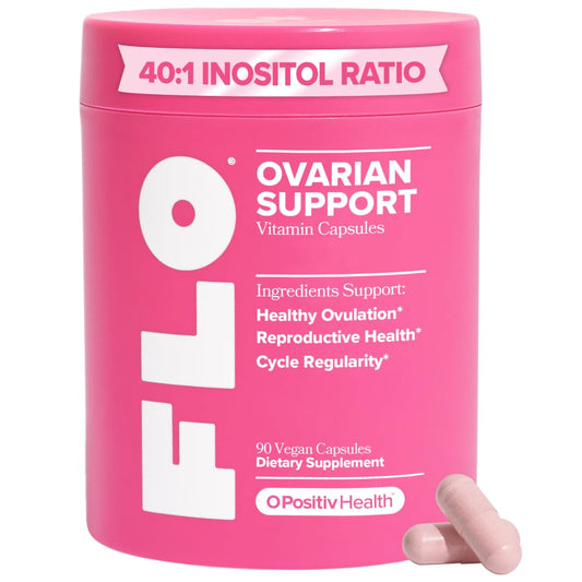 O Positiv FLO ovarian-support bottle with capsules promoting cycle balance.