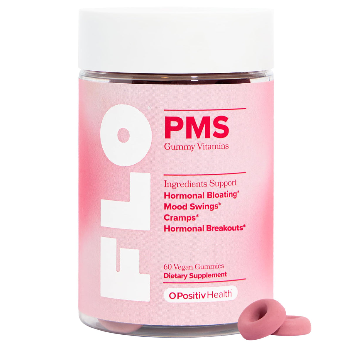 O Positiv FLO PMS Gummies bottle close-up for easy daily use and mood support.