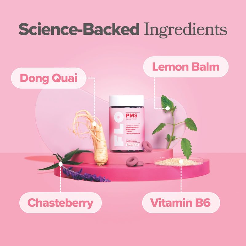 O Positiv FLO PMS Gummies bottle closeup with clear ingredient list