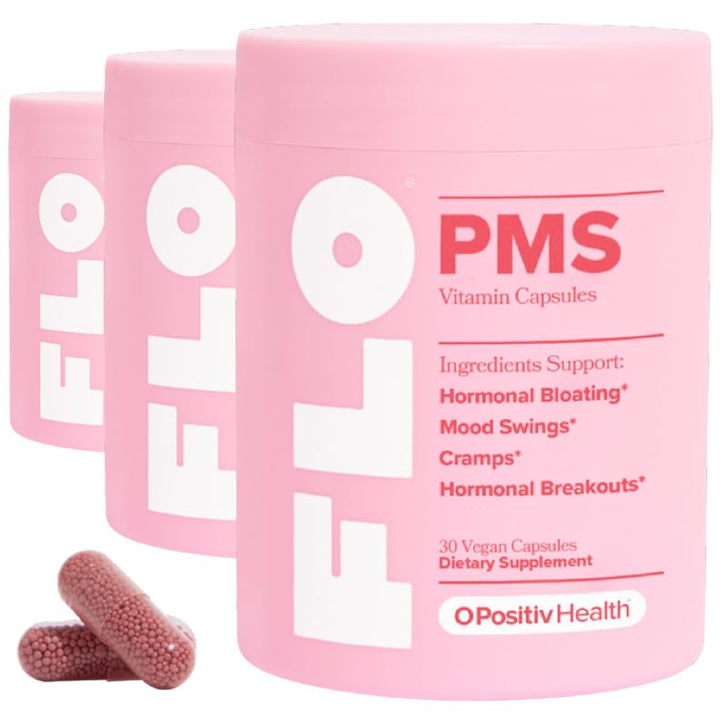 O Positiv FLO PMS vitamins bottle front shows vegan formula for daily support.