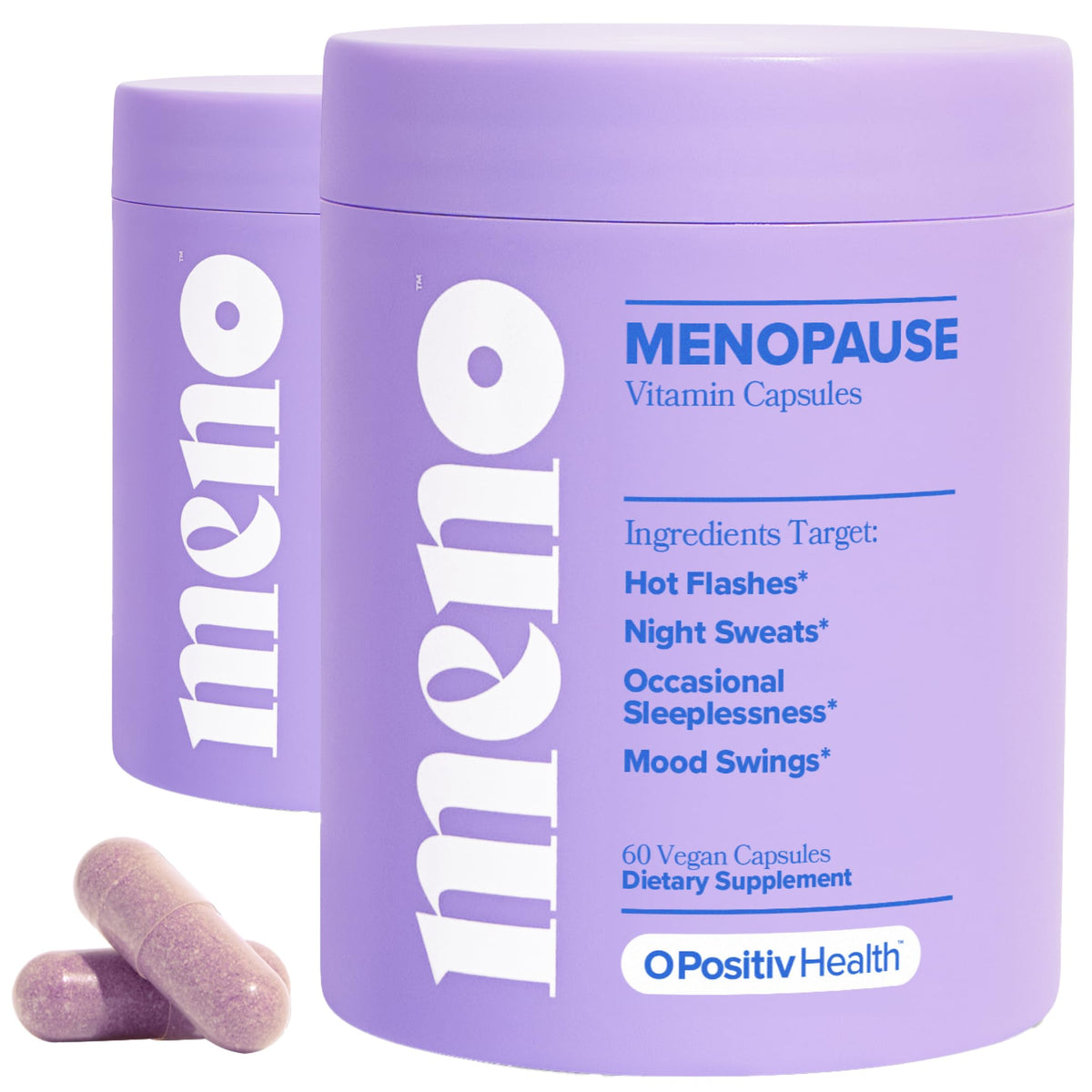 O Positiv MENO bottle front with capsules designed for menopause comfort.
