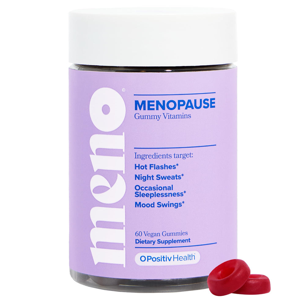 O Positiv MENO Gummies bottle on shelf for hormone-free menopause support.