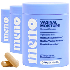 O Positiv MENO bottle closeup highlighting moisture support capsules