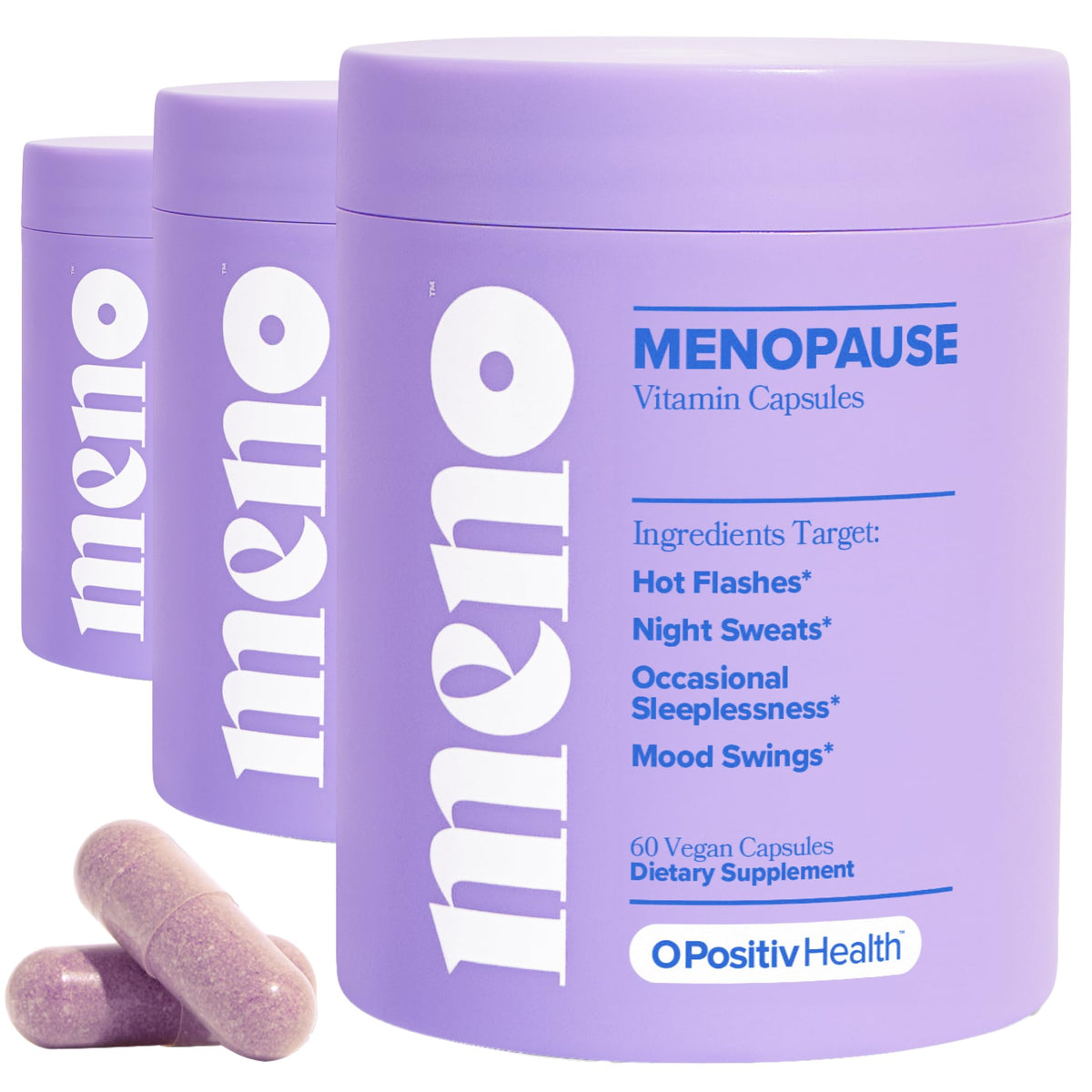 O Positiv MENO vitamins bottle shows hormone-free menopause support for daily use.