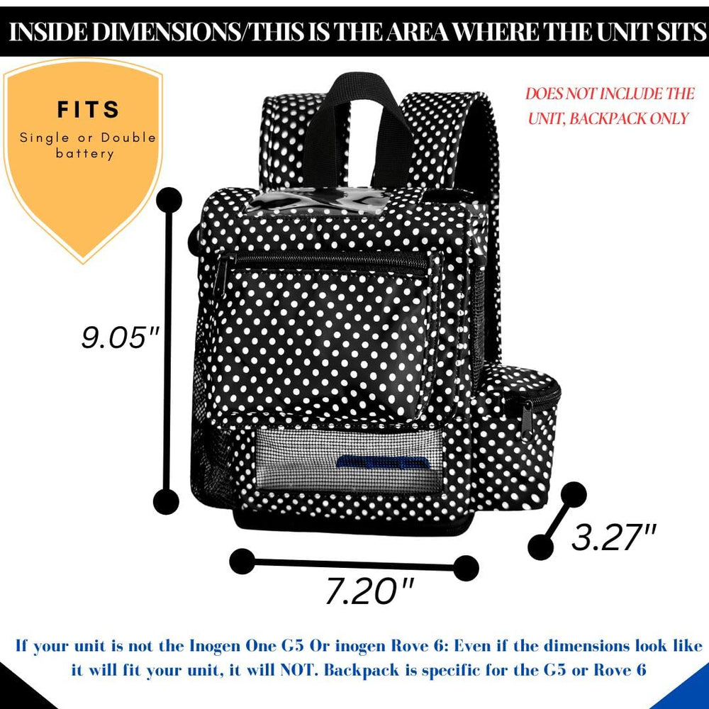 O2TOTES polka-dot charging in backpack; charge without removing the unit.