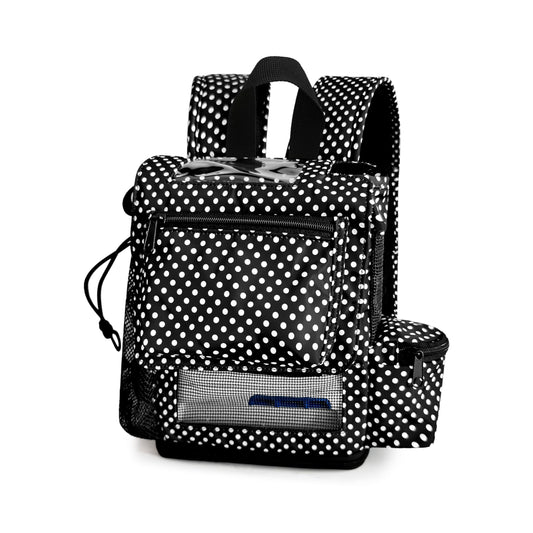 O2TOTES polka-dot front view; compact design for Inogen G5 on the go.