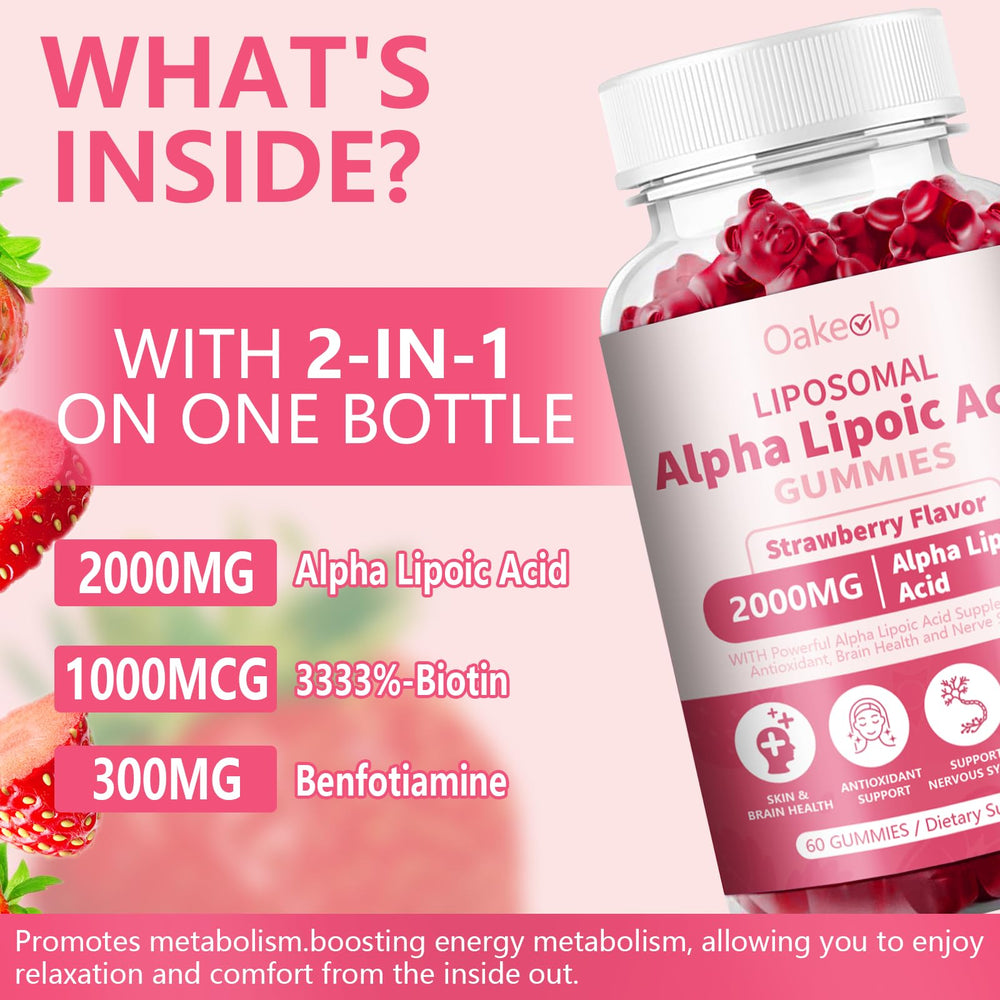 Oakevlp liposomal alpha lipoic acid gummies strawberry flavor with vivid texture.