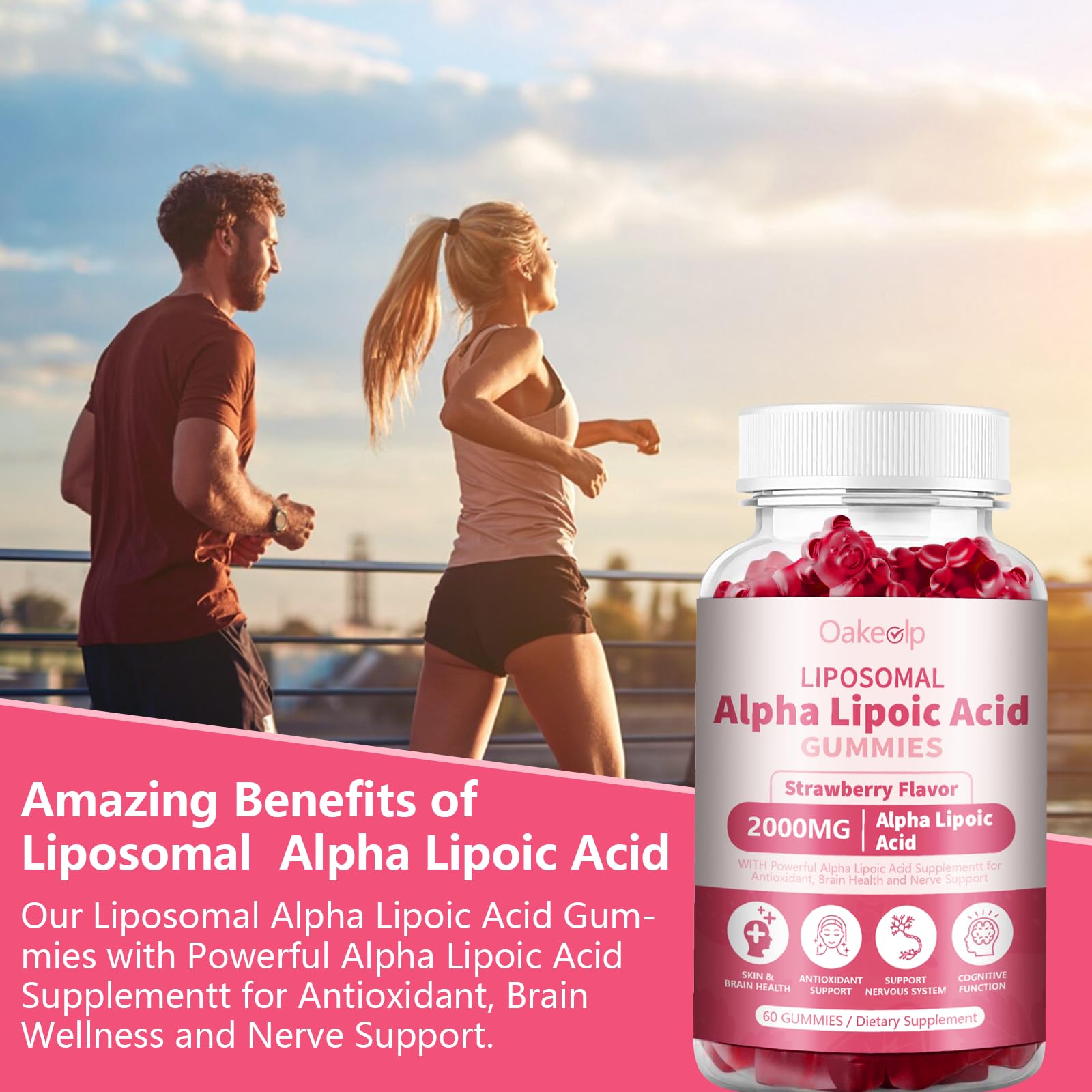 Oakevlp liposomal alpha lipoic acid gummies bottle scene on a kitchen counter.