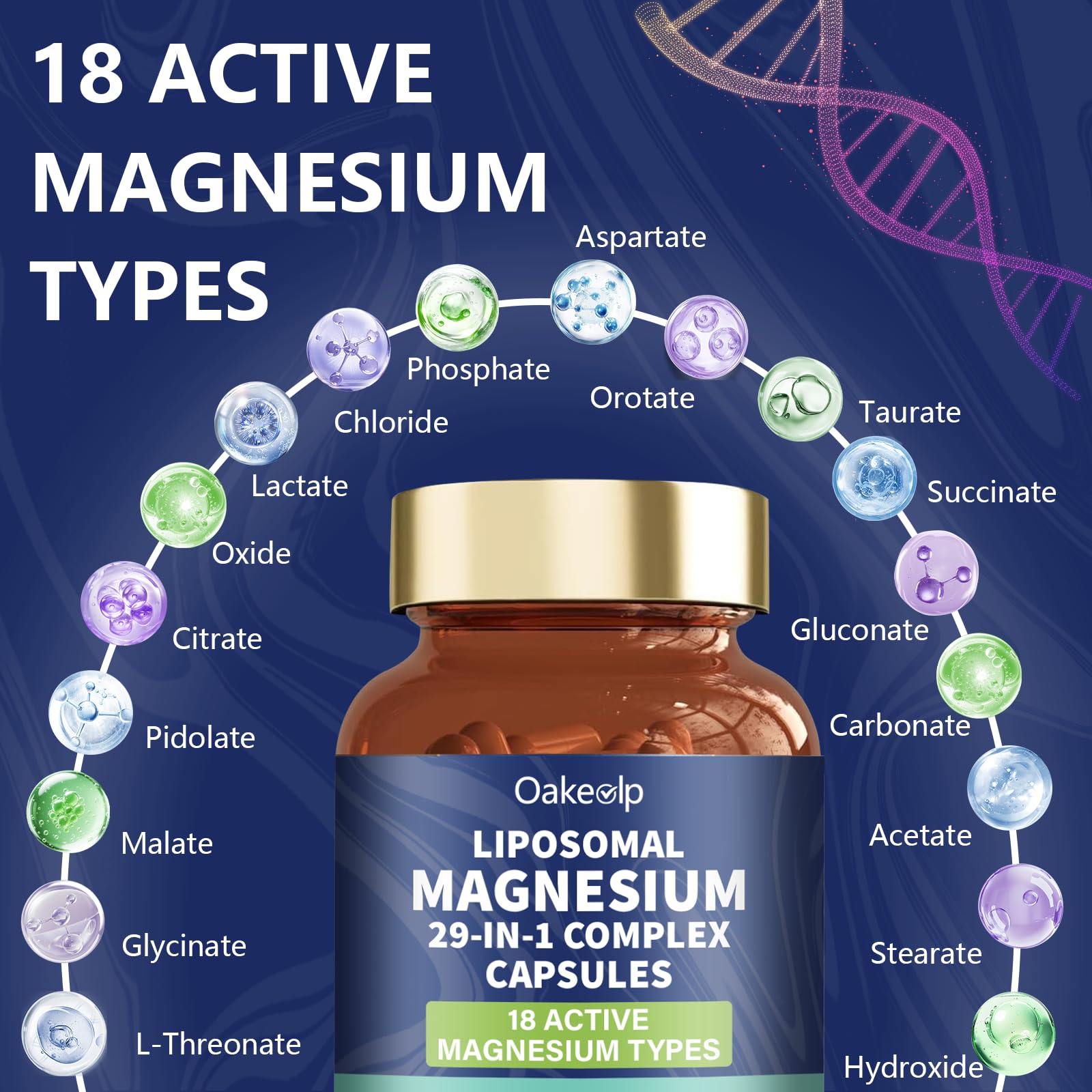 Oakevlp bottle with label detail emphasizing 18 active magnesium types.