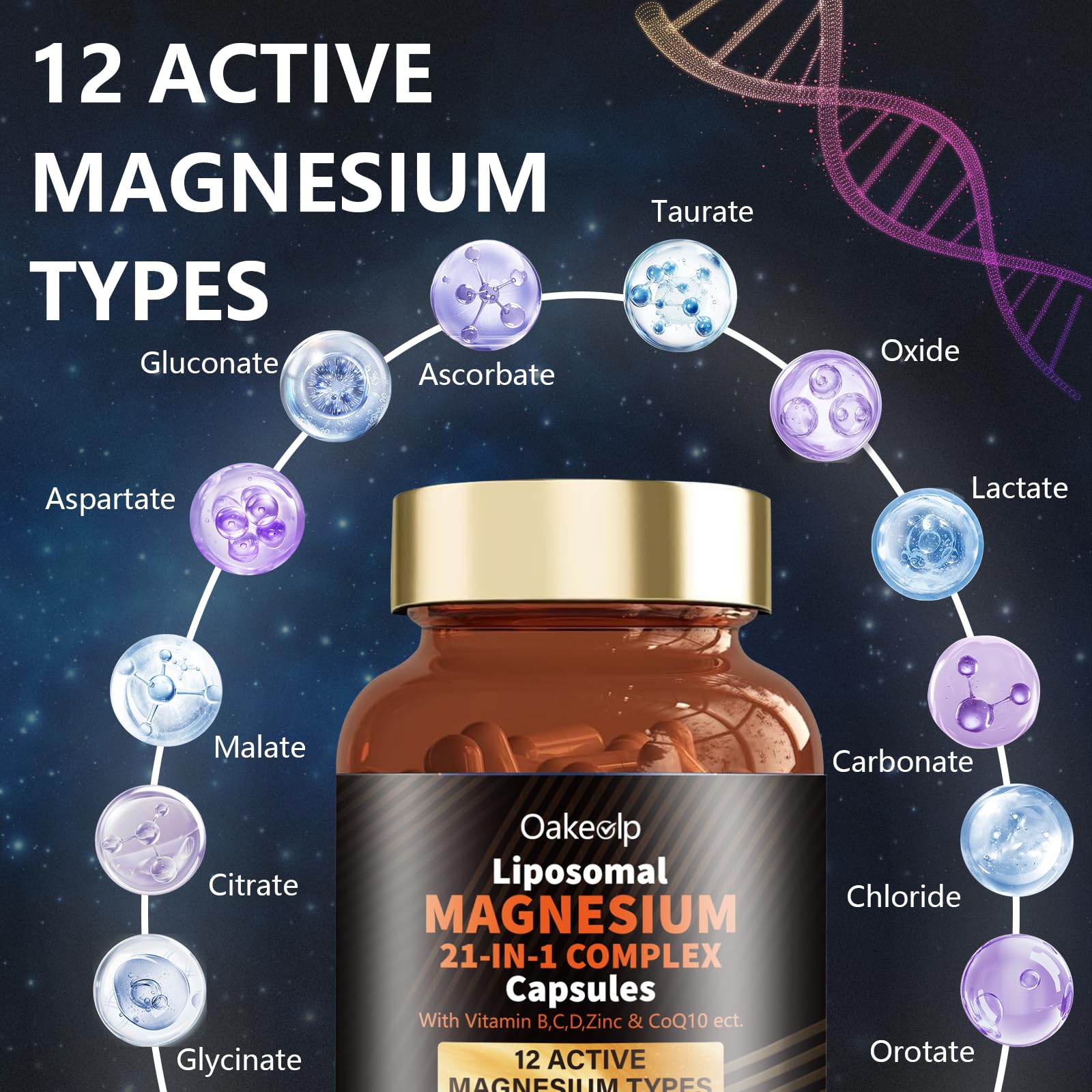 Oakevlp ingredients visual featuring D3, B6, B12 and CoQ10 for comprehensive support.