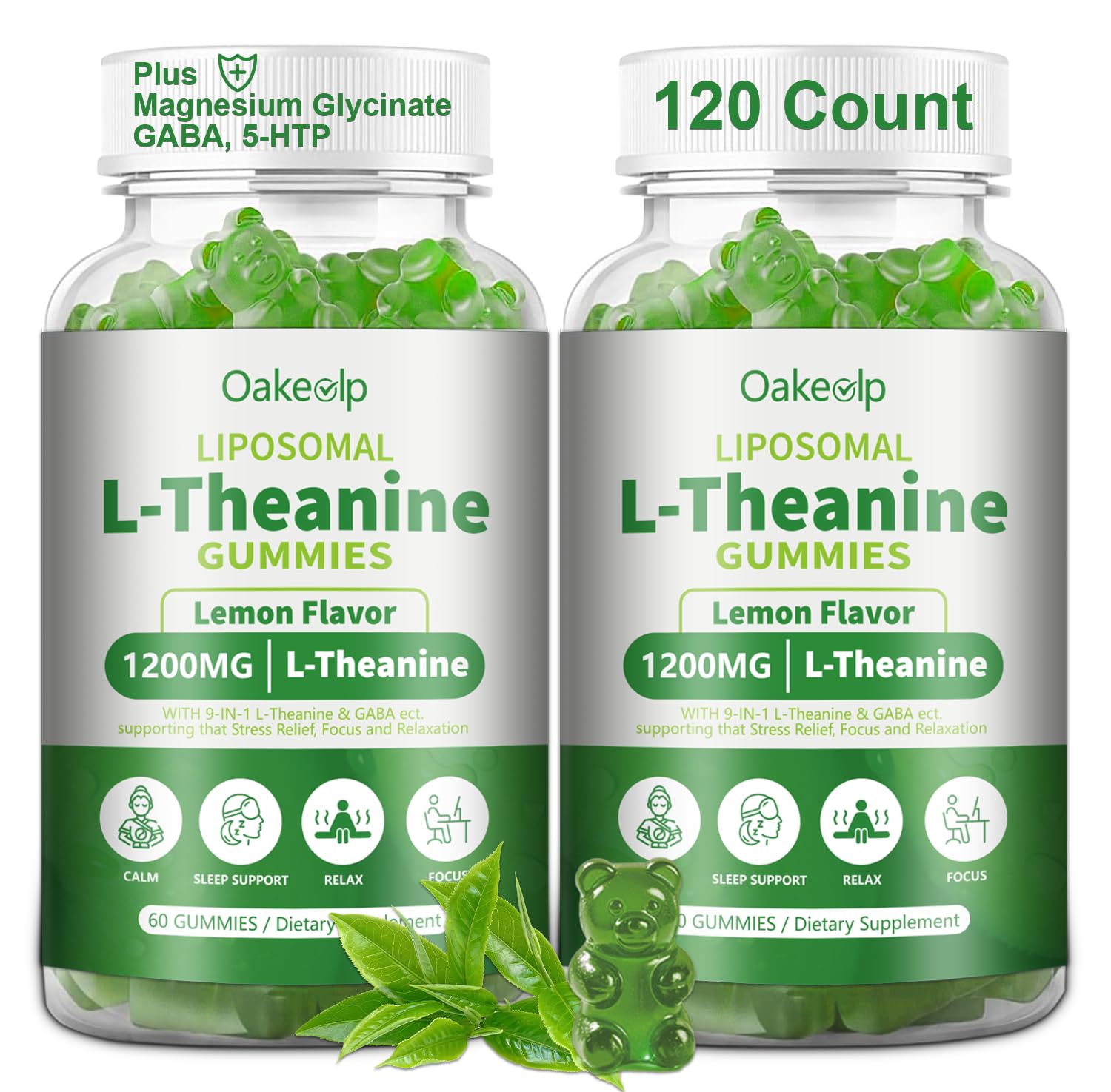 Oakevlp Liposomal L-Theanine 1200mg bottle highlighting advanced absorption for calm focus.