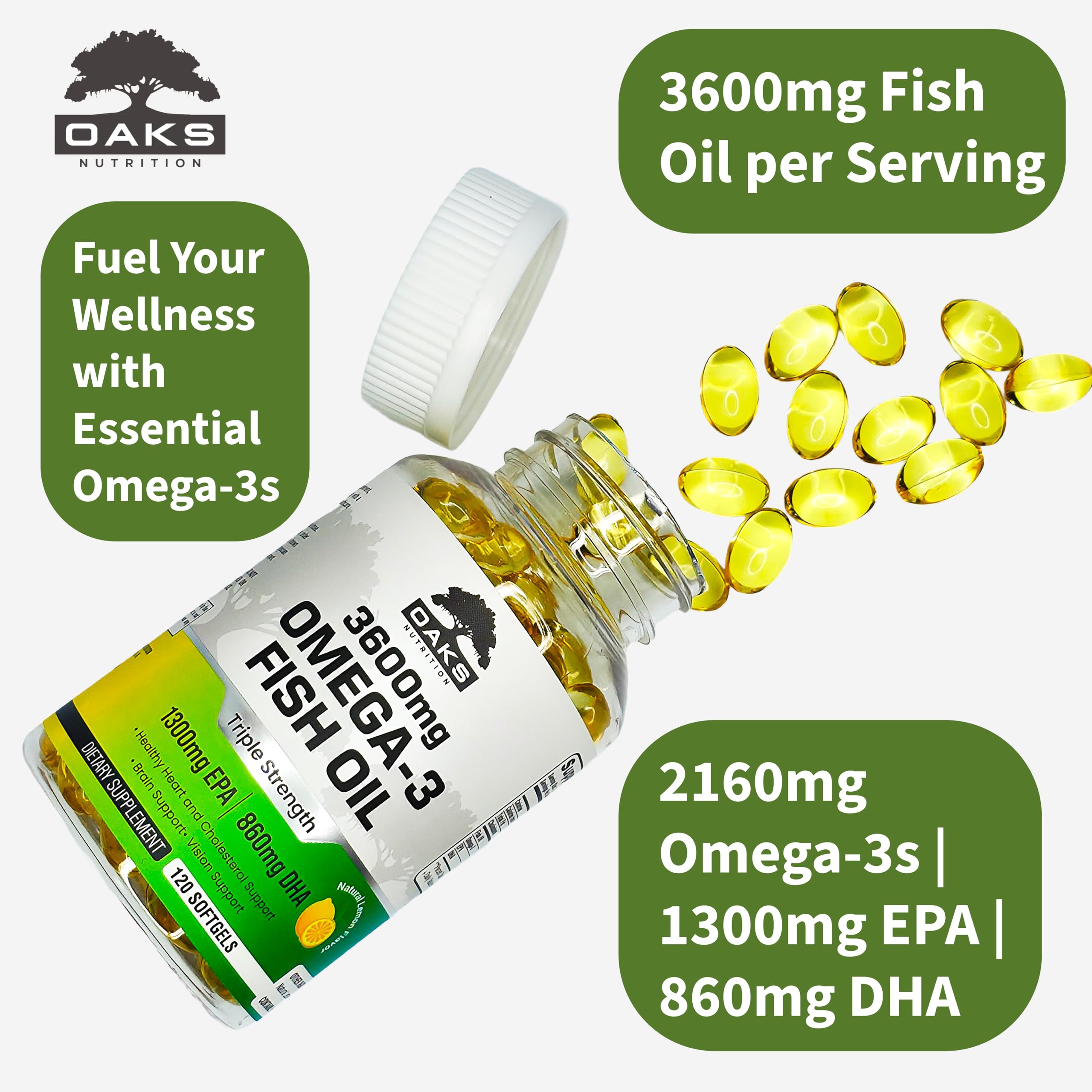 Oaks Nutrition Omega-3 bottle back label with supplement facts and sourcing