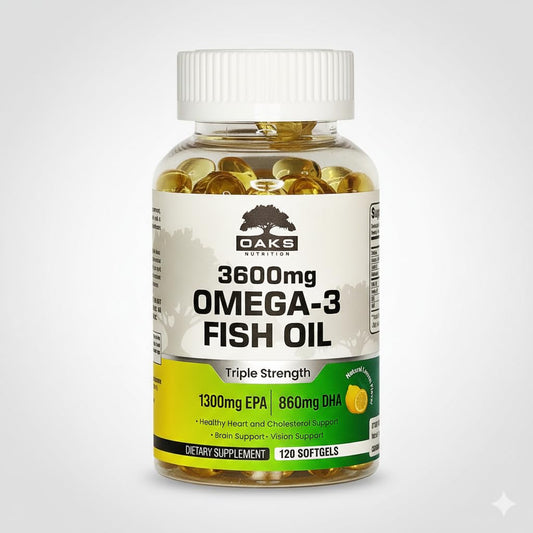 Oaks Nutrition Omega-3 bottle front with lemon flavor softgels for daily heart support