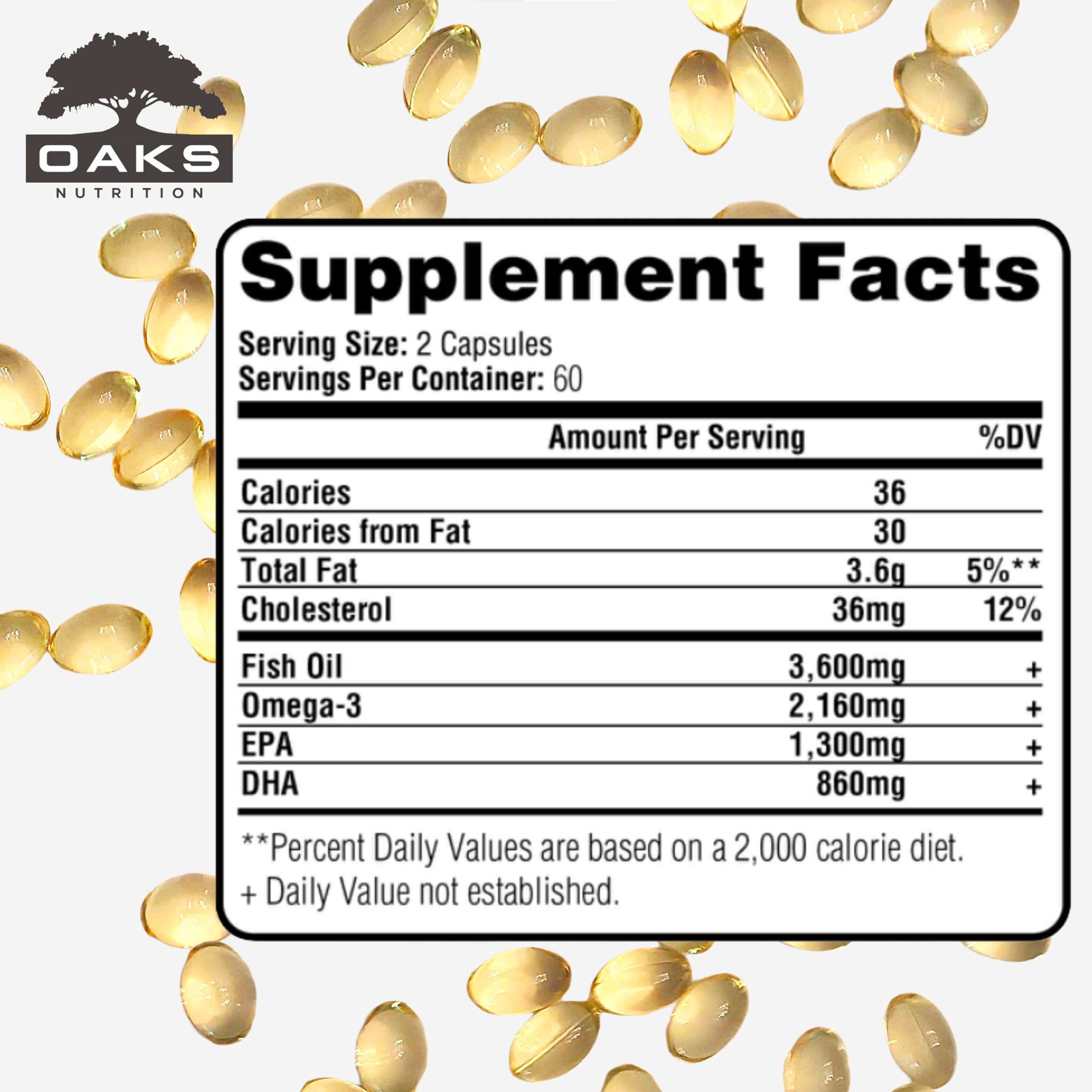 Oaks Nutrition Omega-3 bottle label highlighting purity and potency