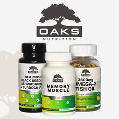 Oaks Nutrition Omega-3 dosage illustration showing two softgels per serving