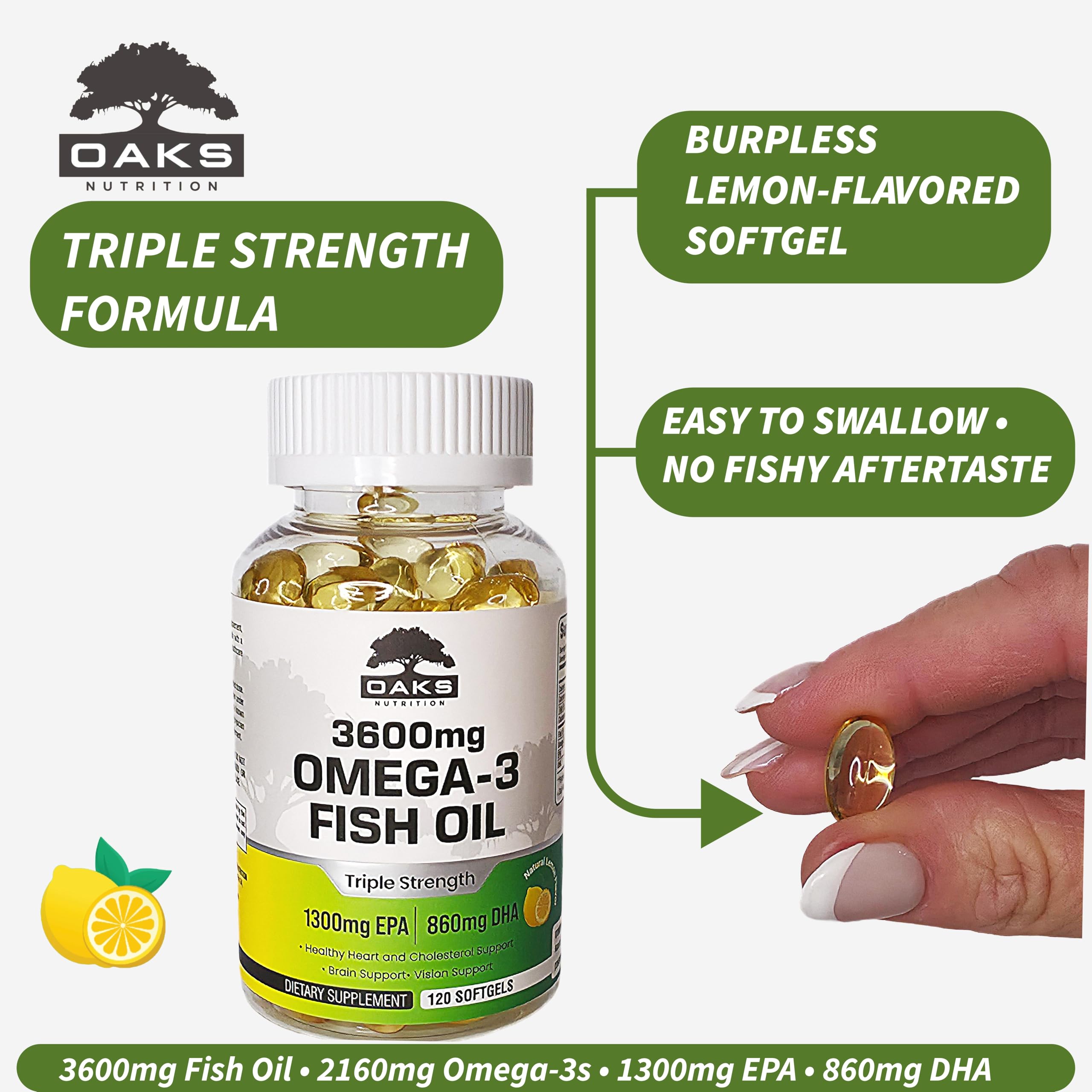 Oaks Nutrition Omega-3 lemon softgels emphasizing easy two-per-serving regimen