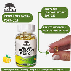 Oaks Nutrition Omega-3 lemon softgels emphasizing easy two-per-serving regimen