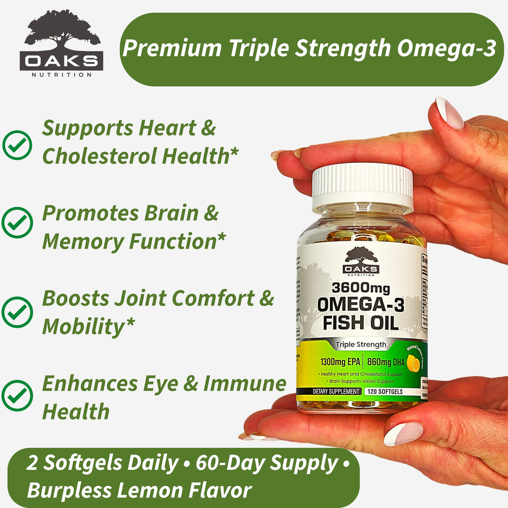 Oaks Nutrition Omega-3 softgels closeup showing burpless lemon formula