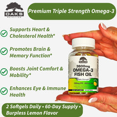 Oaks Nutrition Omega-3 softgels closeup showing burpless lemon formula