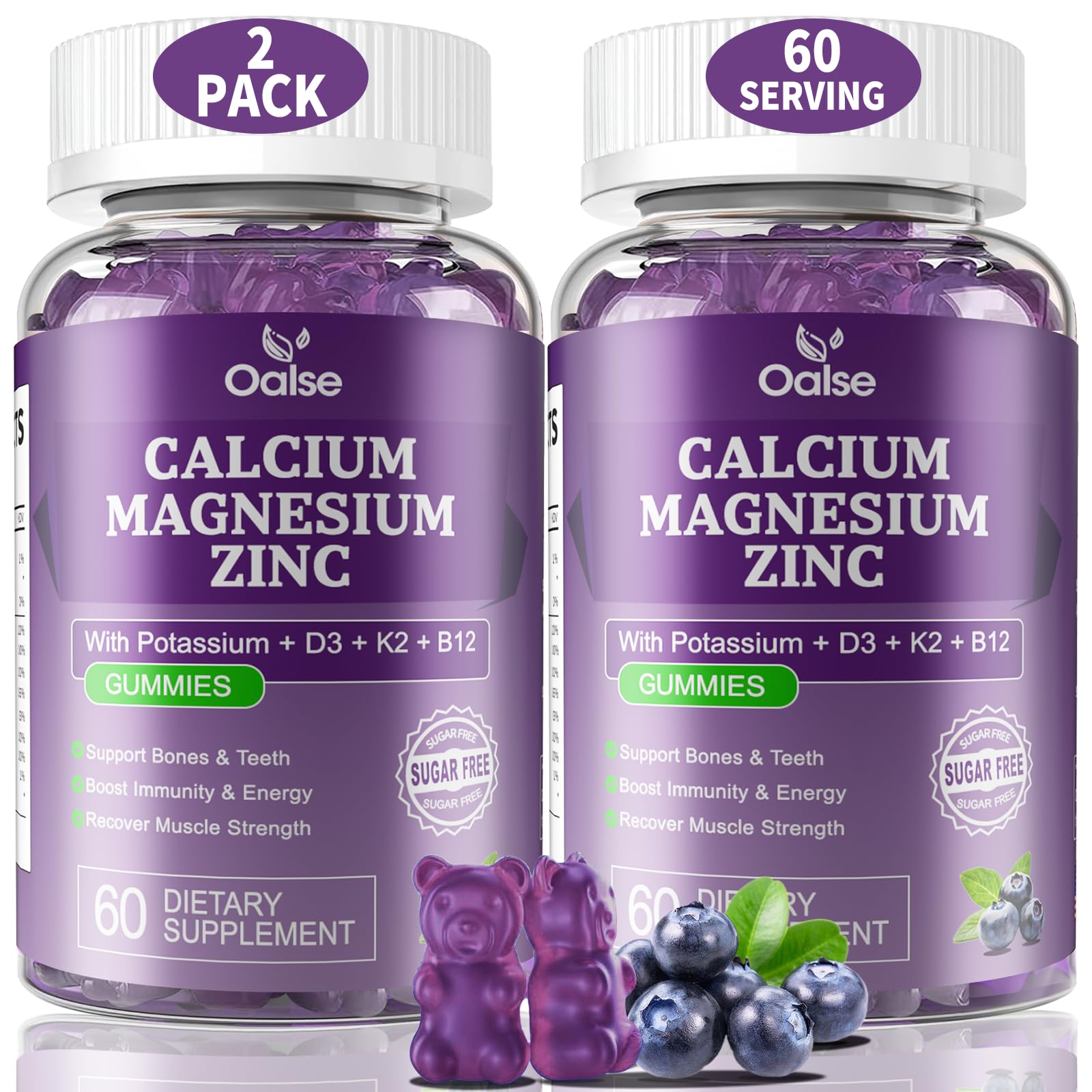 OALSE calcium magnesium zinc gummies in blueberry bottle support bone health