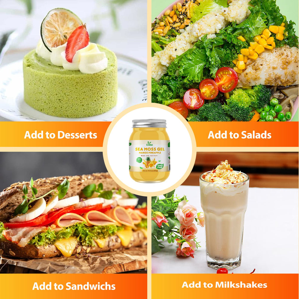 OALSE Mango Pineapple Sea Moss Gel with smoothie ingredients—nutrient-dense base.