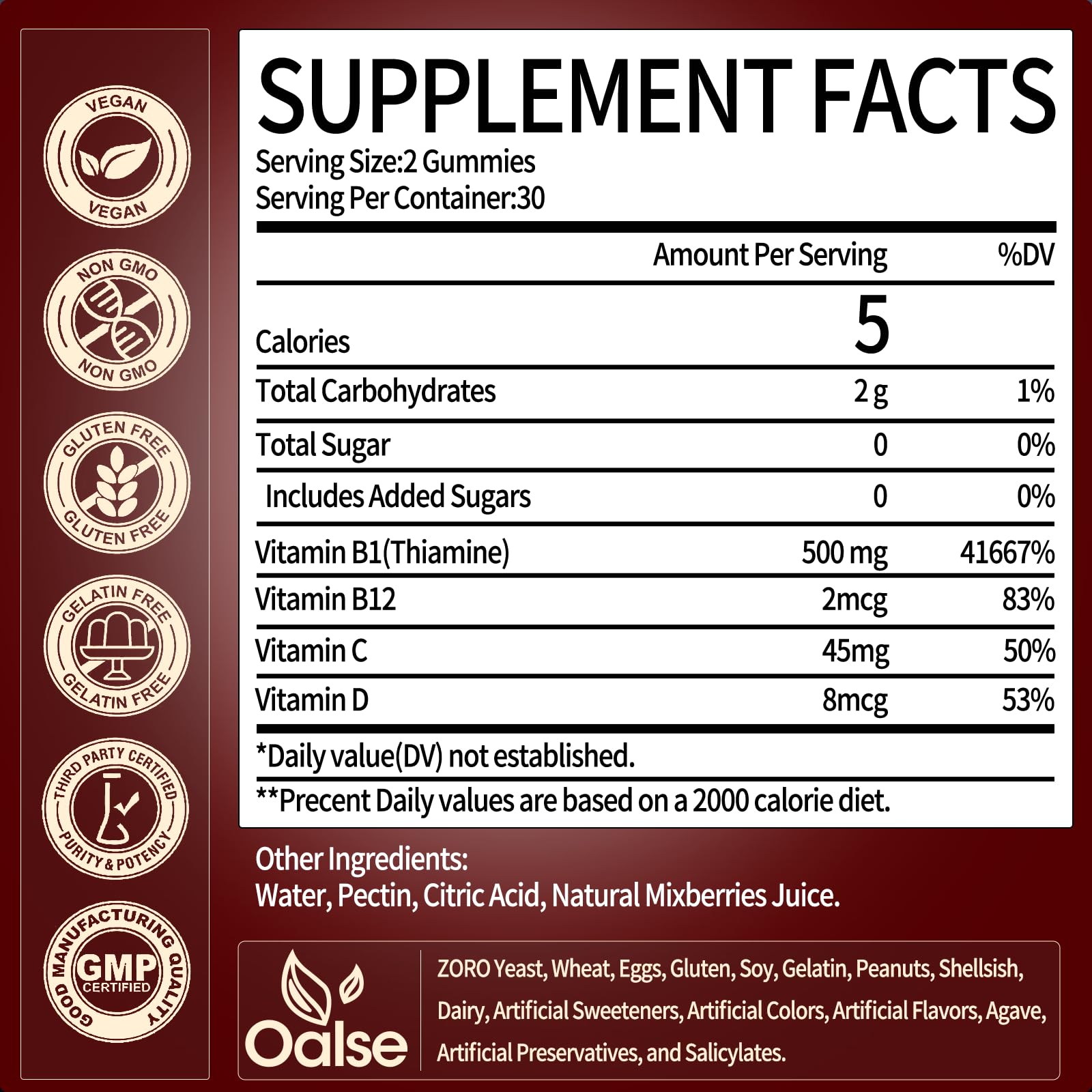 OALSE Thiamine B1 Gummies with natural mixed berries flavor close-up.