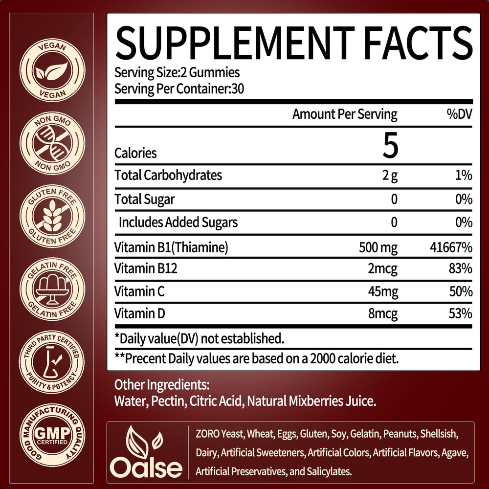 OALSE Thiamine B1 Gummies with natural mixed berries flavor close-up.