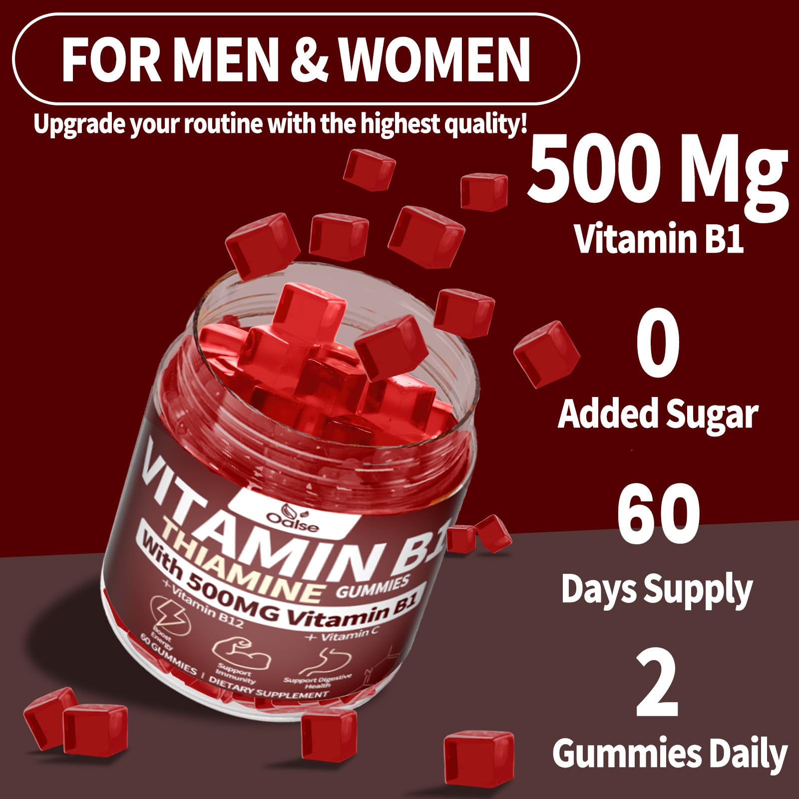 OALSE Thiamine B1 Gummies bottle showing vegan sugar-free formula.