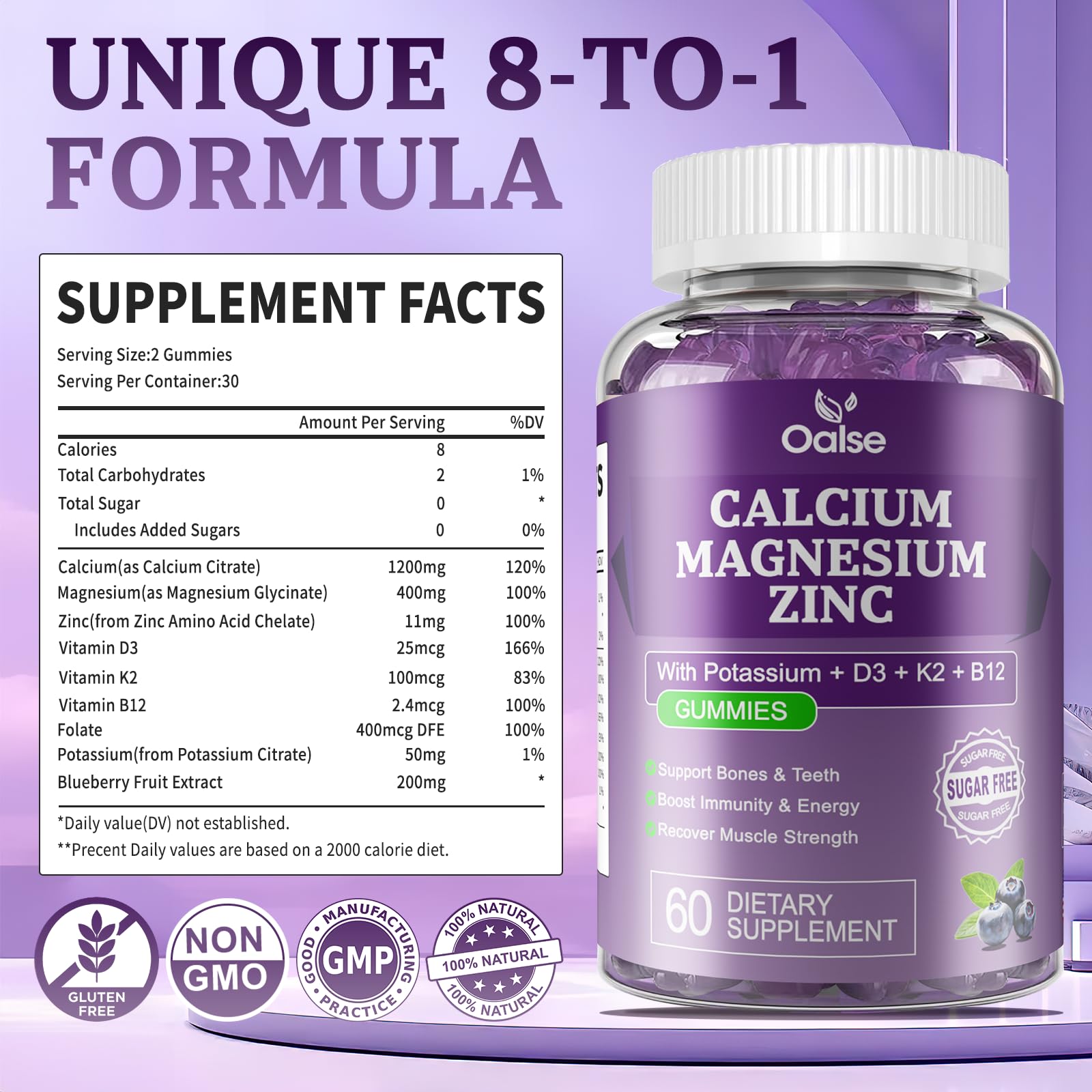 OALSE vegan sugar-free gummies in blueberry flavor for daily supplementation